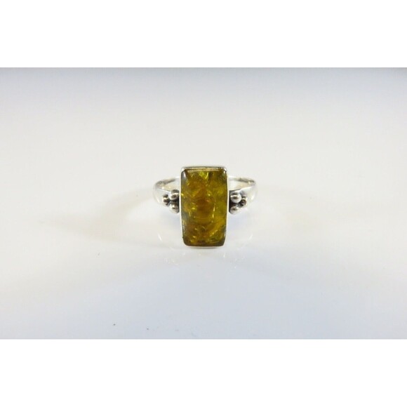 Honey Yellow Amber Rectangular Sugar Loaf Sterling Silver Ring Size 6.75 - Picture 1 of 6